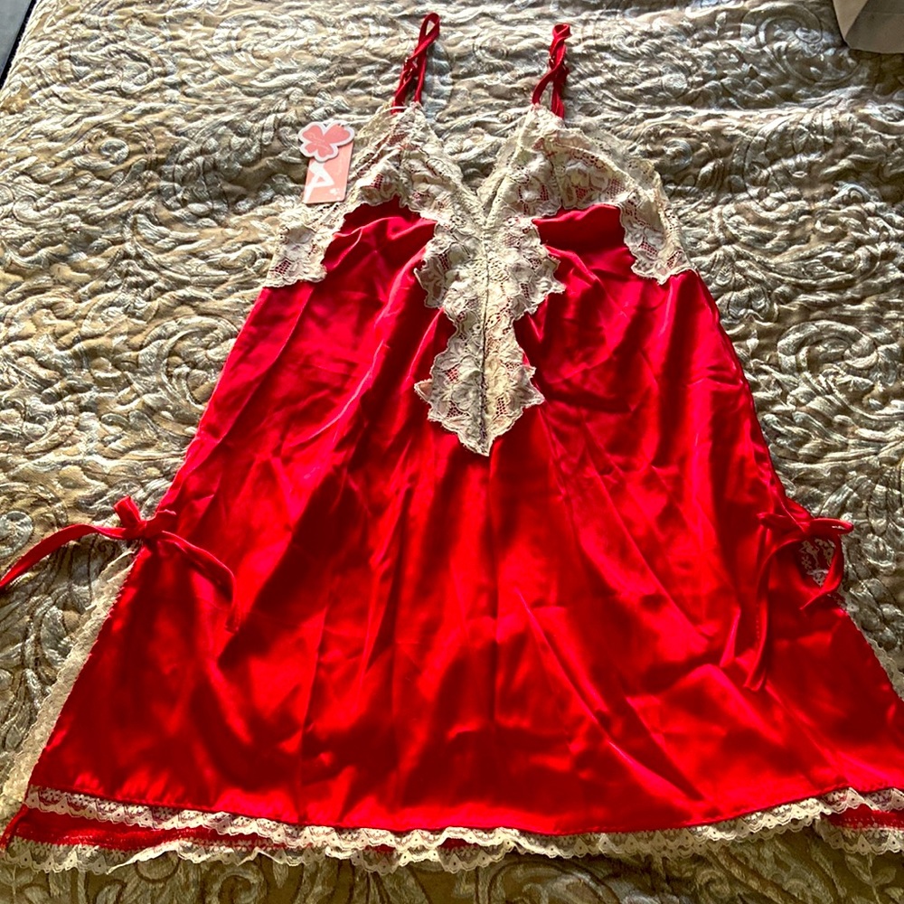 Red Satin Lace-Trim Chemise - Women's Intimates